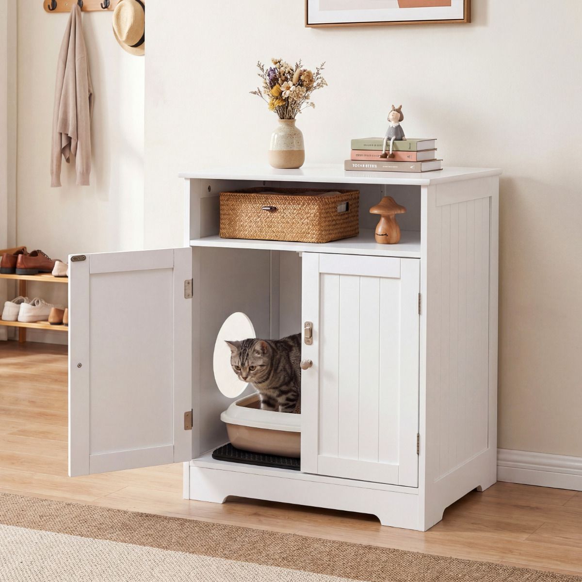 Cat Litter Box Enclosure Hidden Pet Furniture with 2-Door Cabinet