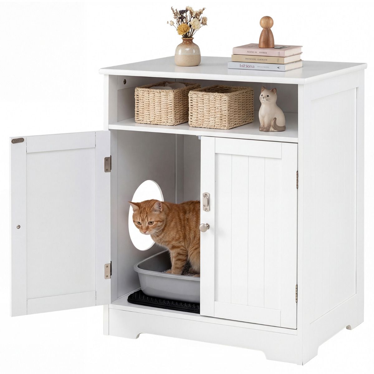 Cat Litter Box Enclosure Hidden Pet Furniture with 2-Door Cabinet