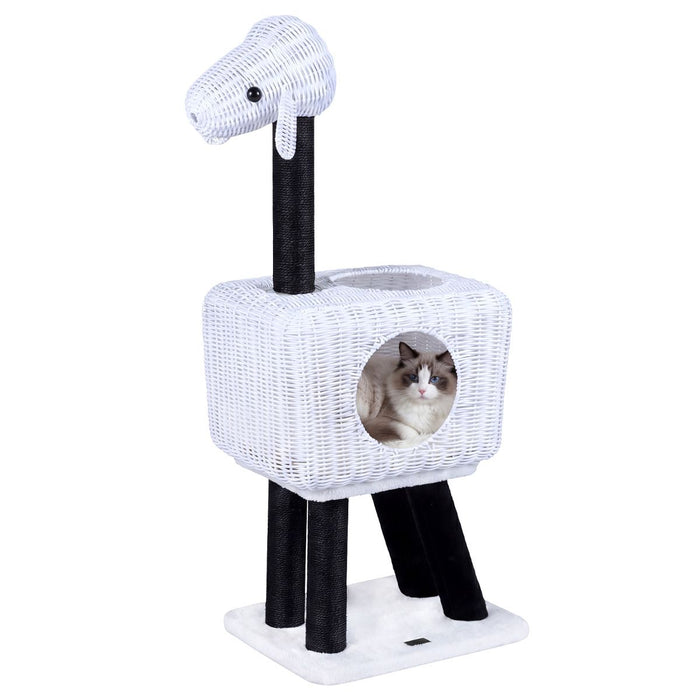 Cat Tree 110 CM Lamb-Shaped Cat Tower with 2-Door Rattan Condo for Indoor Kittens
