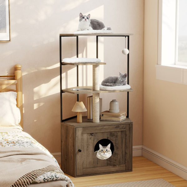 Cat Tree with Litter Box Enclosure with 2 Scratching Posts