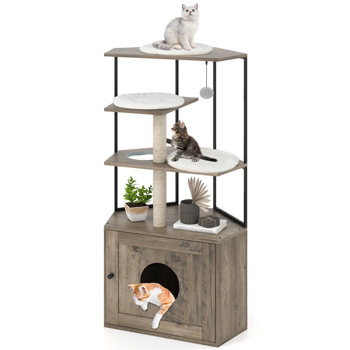 Cat Tree with Litter Box Enclosure with 2 Scratching Posts