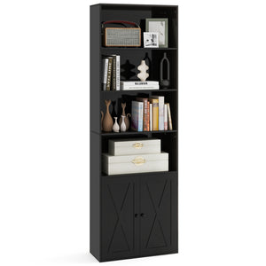 Giantex Farmhouse Bookcase with Doors, 180cm Freestanding Bookshelf with 6 Shelves & 2-Door Cabinet