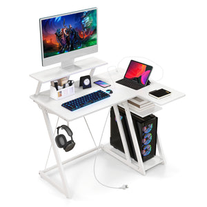 L Shaped Gaming Desk with Outlets & USB Ports Monitor Shelf Headphone Hook