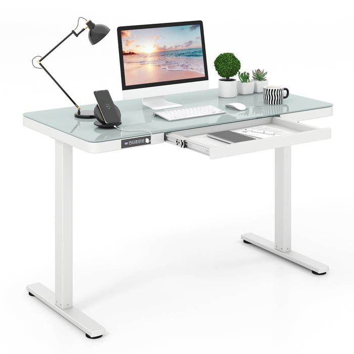 120x60cm Electric Standing Desk w/ Drawer & Tempered Glass Top Home Office