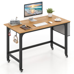 Computer Desk on Wheels, Rolling Home Office Desk w/ Detachable Fabric Bag & Headphone Hooks