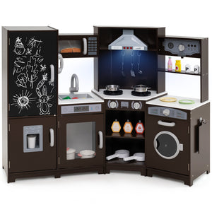 Corner Wooden Play Kitchen with Lights & Sounds, Large Pretend Play Kitchen Set with Blackboard