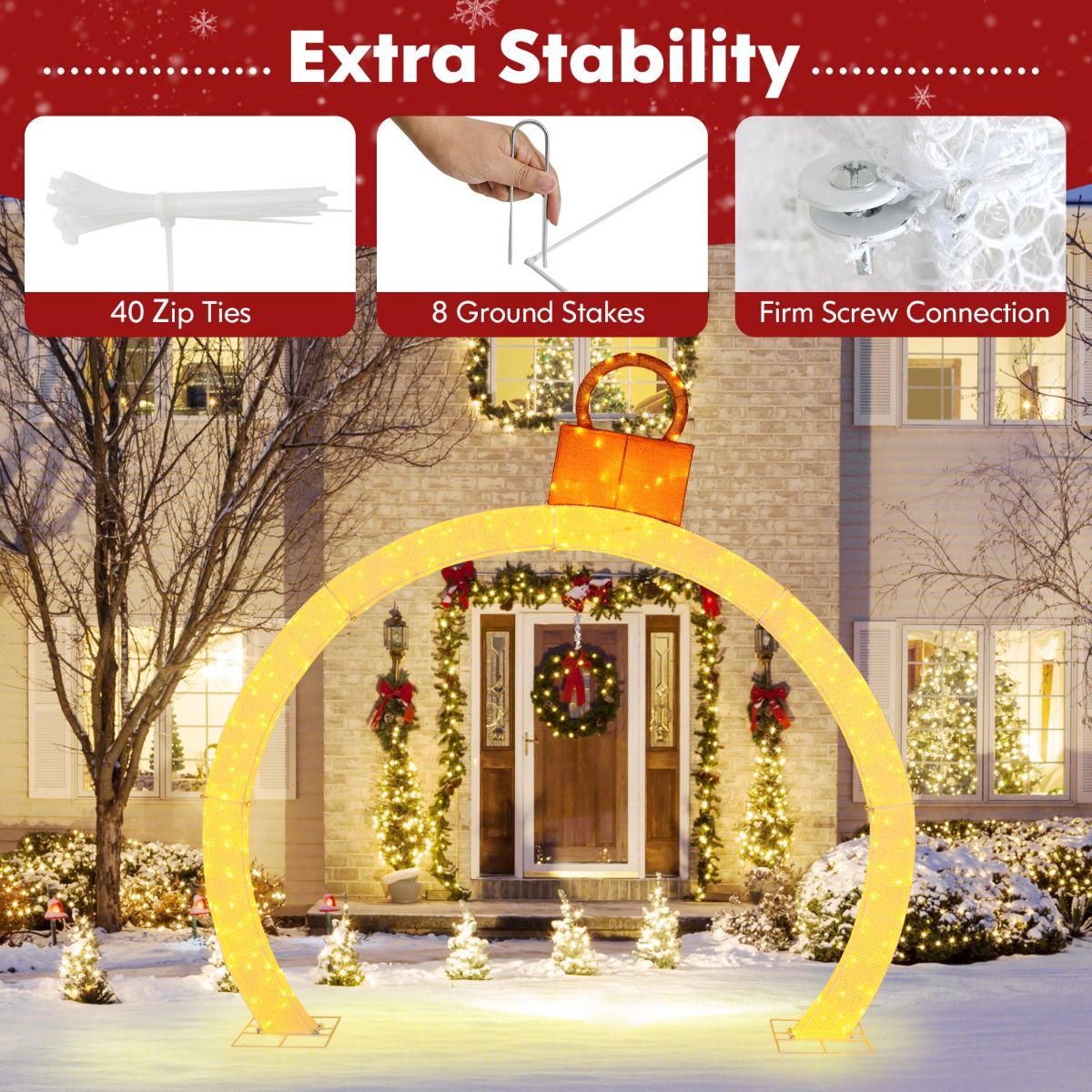 313cm Christmas Pre-Lit Arch with Gold Ornament Cap for Yard