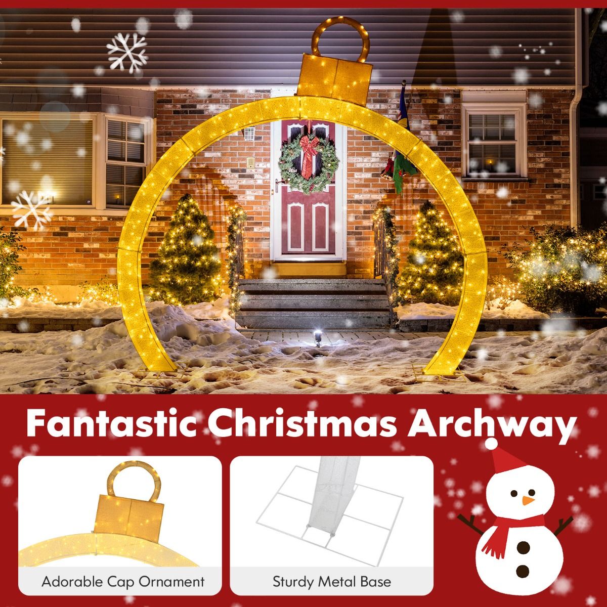 313cm Christmas Pre-Lit Arch with Gold Ornament Cap for Yard