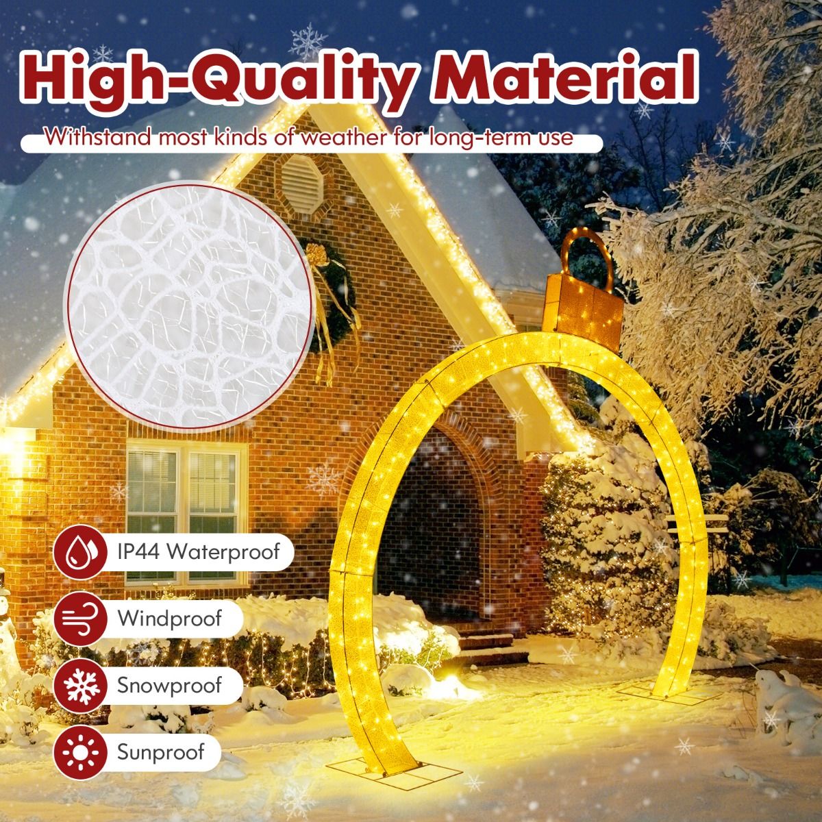 313cm Christmas Pre-Lit Arch with Gold Ornament Cap for Yard