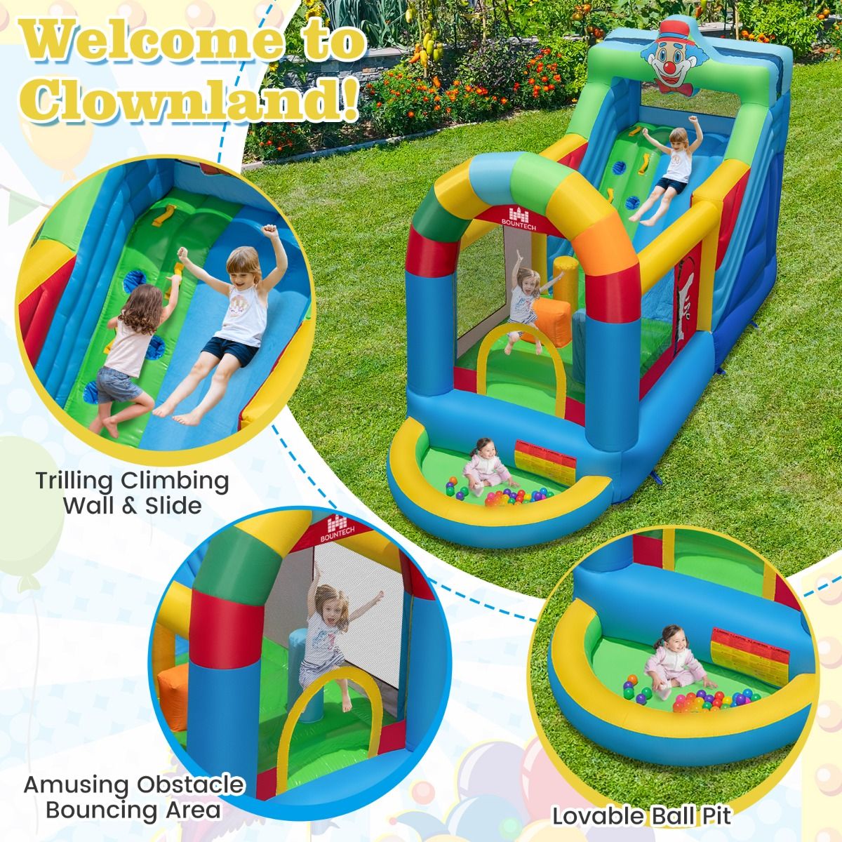Clownland Bouncy Castle with Climbing Surface and Long Slide