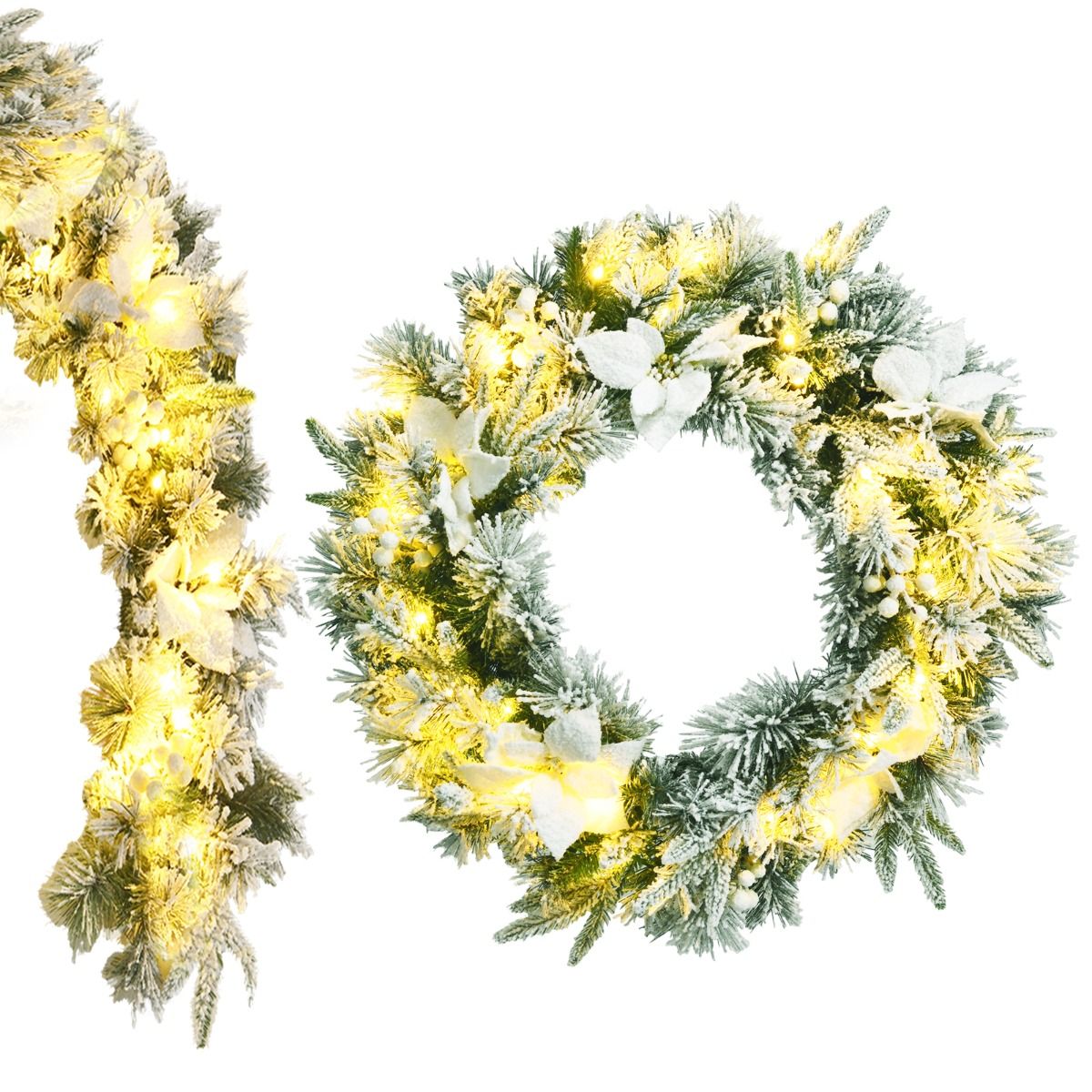2.8 M Pre-Lit Flocked Christmas Garland & 60 cm Christmas Wreath