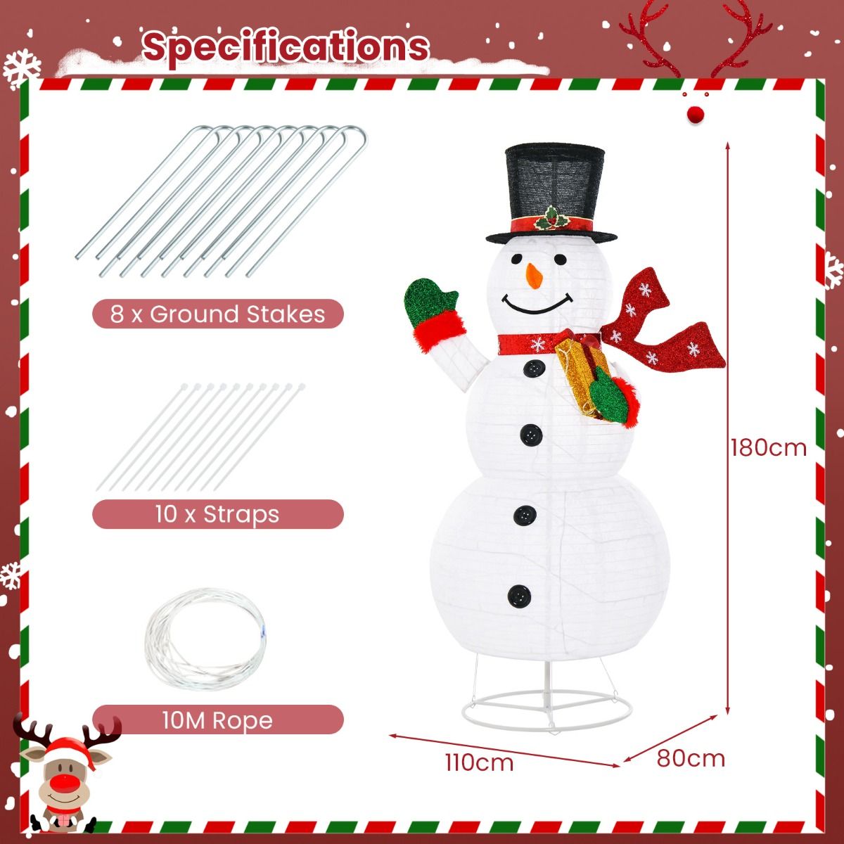 180 CM Lighted Christmas Snowman with Metal Stand and 200 Colorful LED Lights