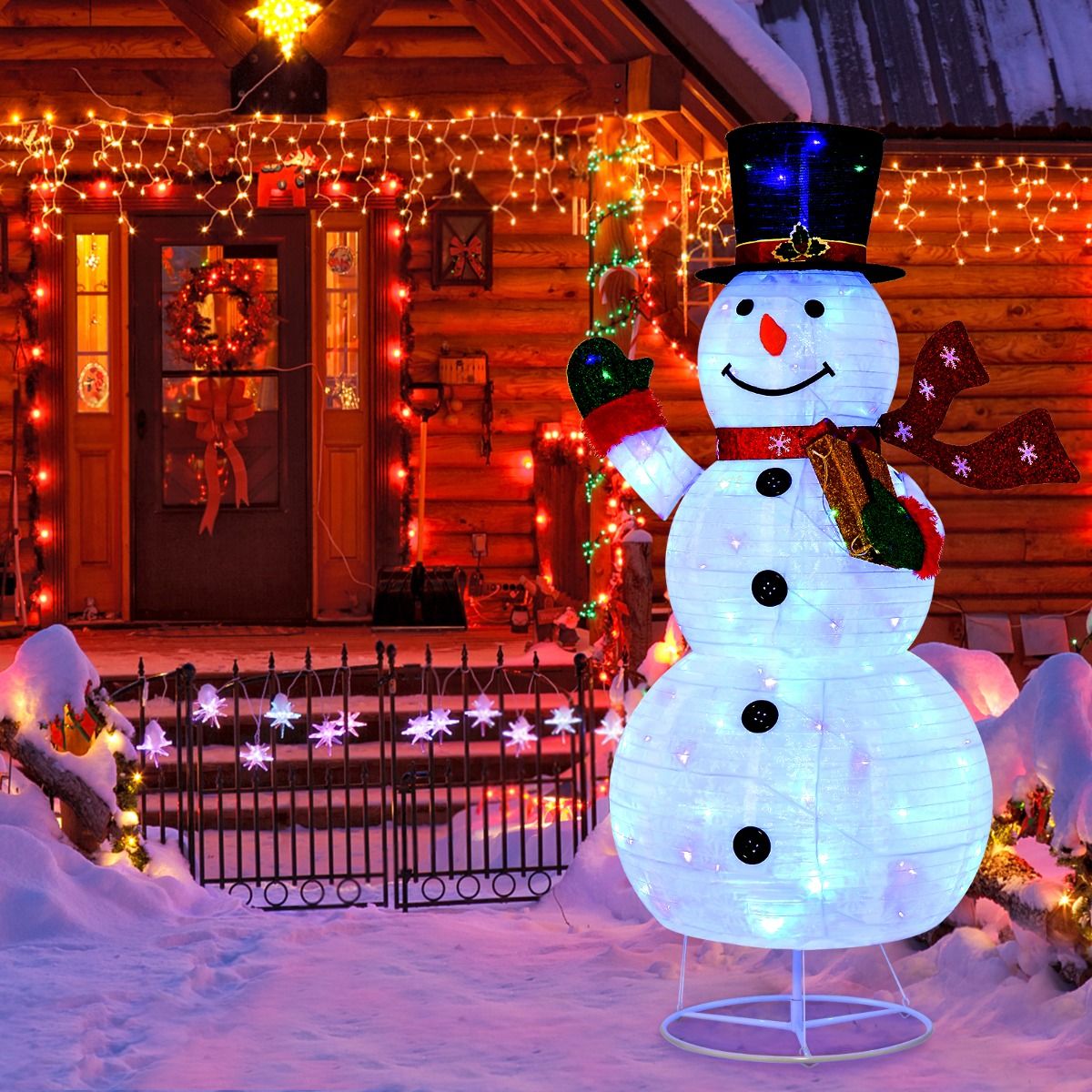 180 CM Lighted Christmas Snowman with Metal Stand and 200 Colorful LED Lights