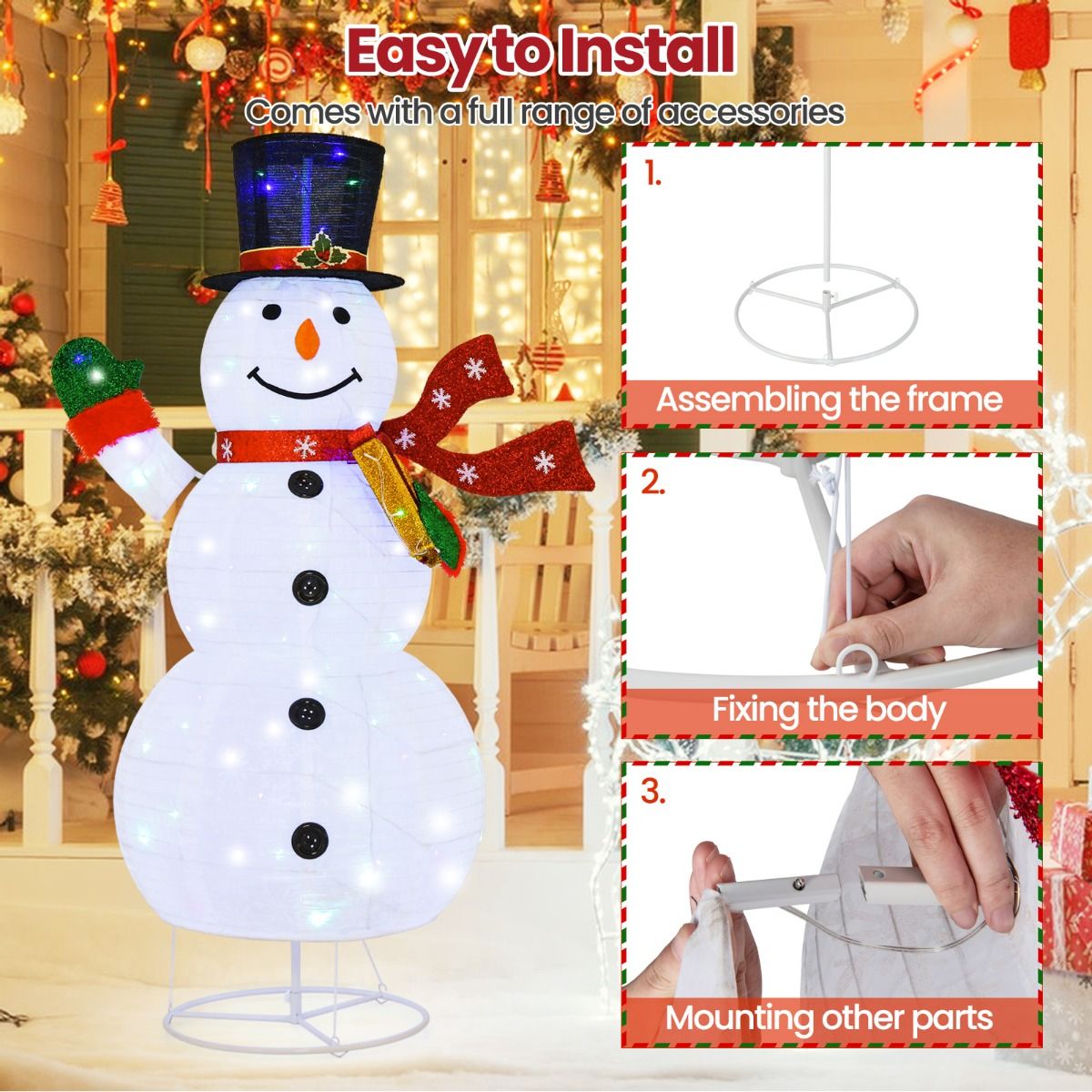 180 CM Lighted Christmas Snowman with Metal Stand and 200 Colorful LED Lights