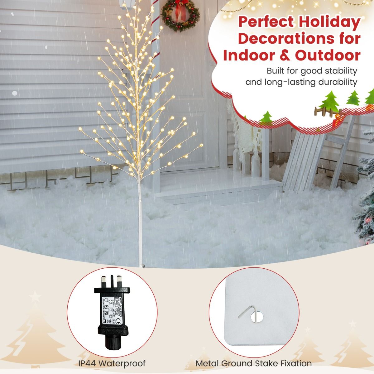 155/186 CM Lighted Birch Tree, Artificial Christmas Twig Tree with 168/200 Warm-White LED Lights