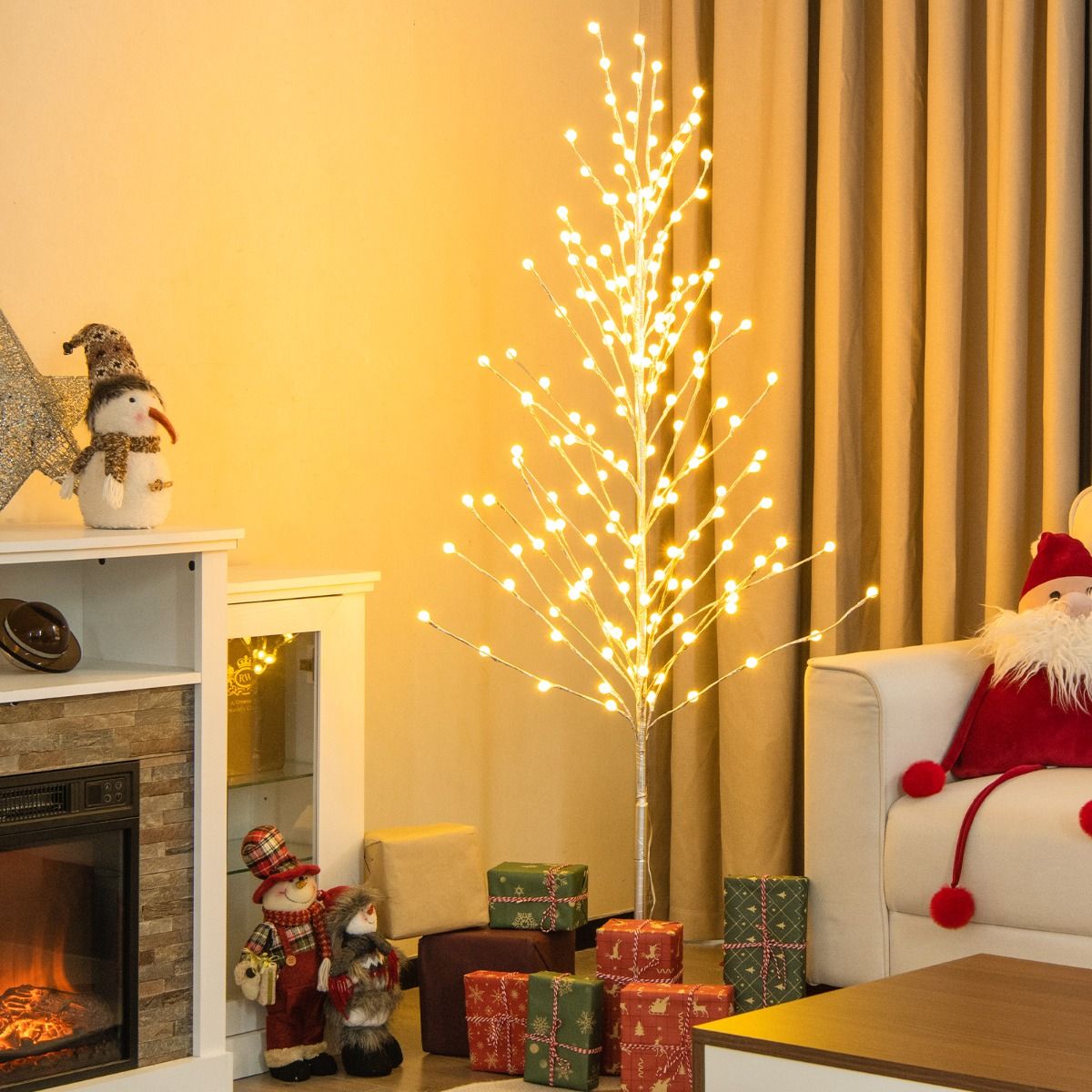 155/186 CM Lighted Birch Tree, Artificial Christmas Twig Tree with 168/200 Warm-White LED Lights