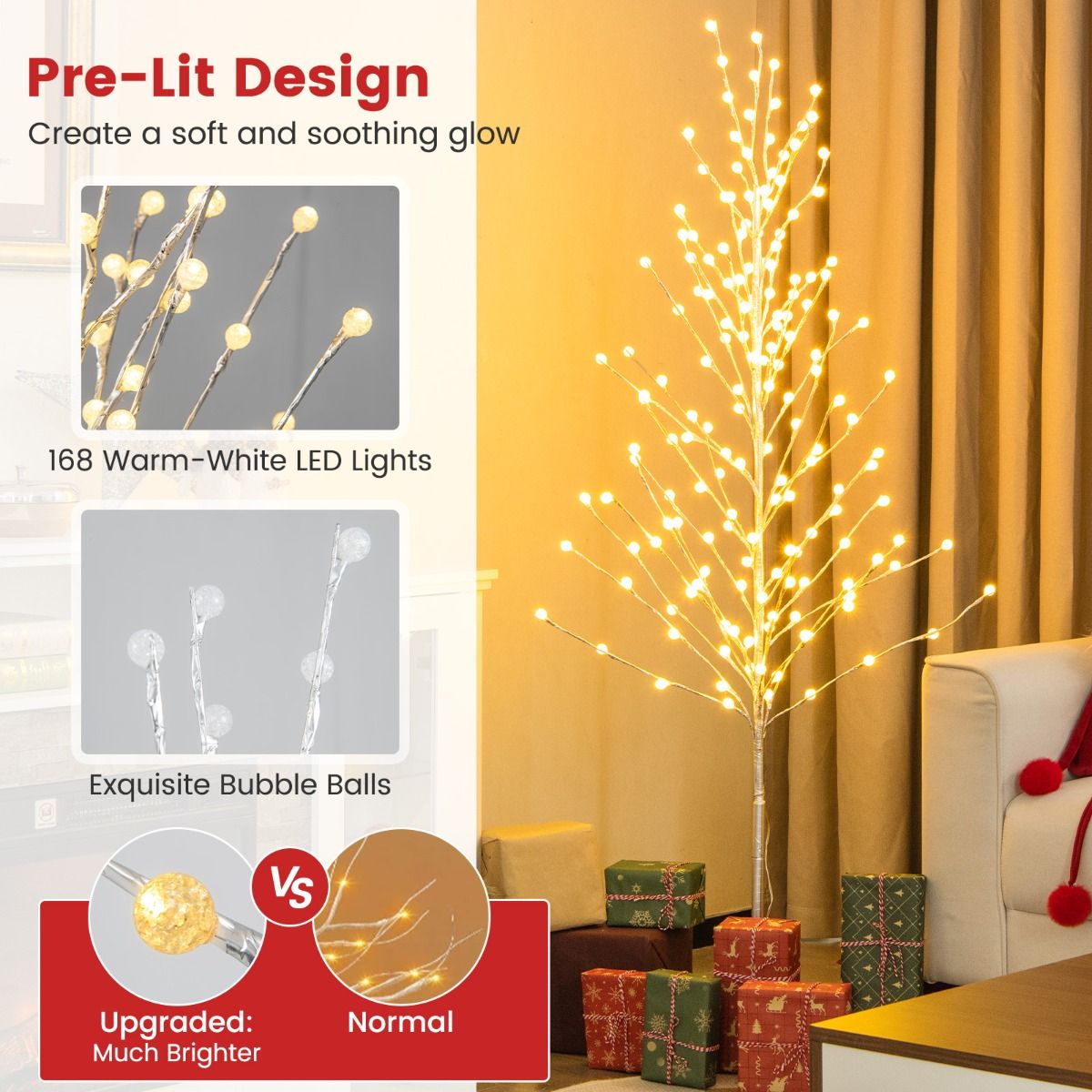 155/186 CM Lighted Birch Tree, Artificial Christmas Twig Tree with 168/200 Warm-White LED Lights
