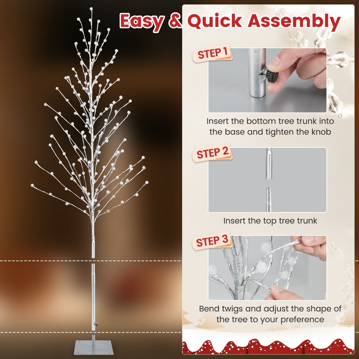 155/186 CM Lighted Birch Tree, Artificial Christmas Twig Tree with 168/200 Warm-White LED Lights