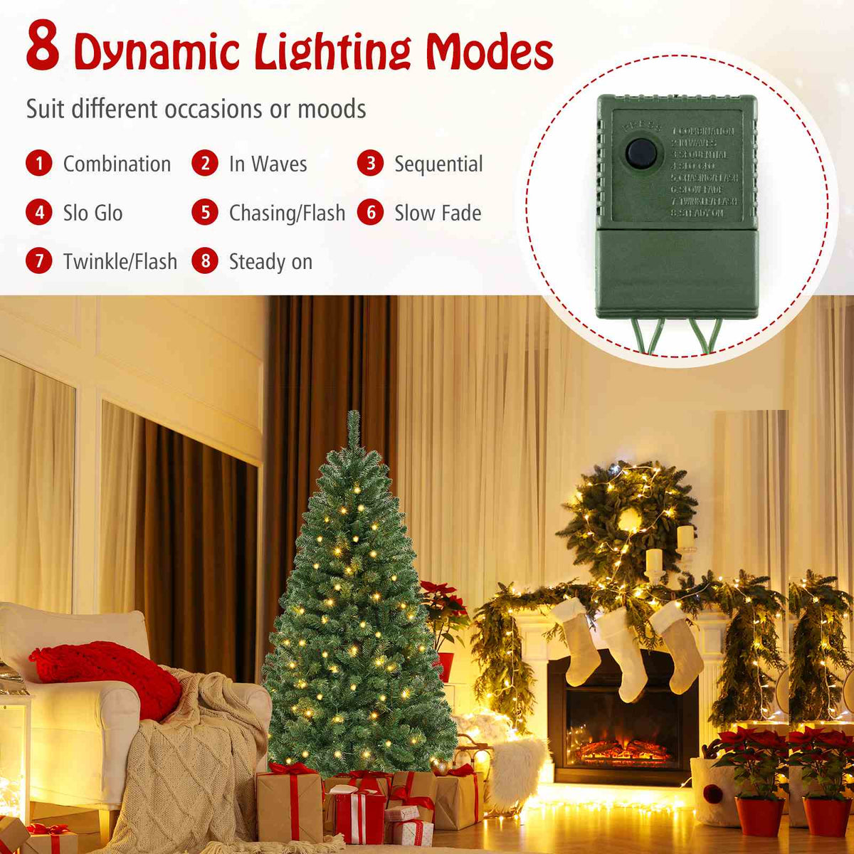 1.8/2.1/2.4M Pre-Lit Christmas Tree Artificial Xmas Decor w/8 Lighting Modes