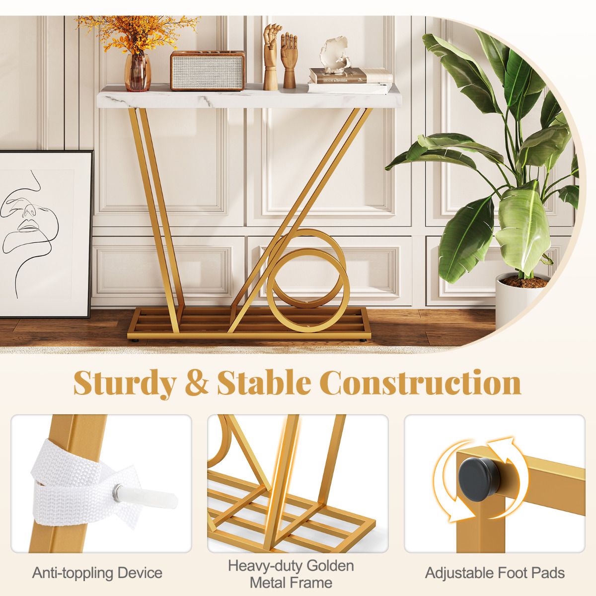 39.5" Modern Faux Marble Console Table with Cart-inspired Design