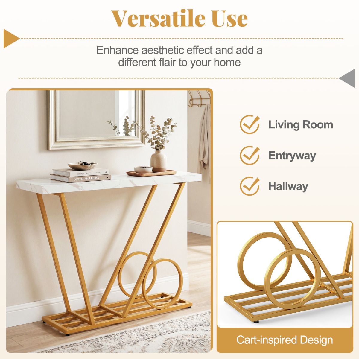 39.5" Modern Faux Marble Console Table with Cart-inspired Design