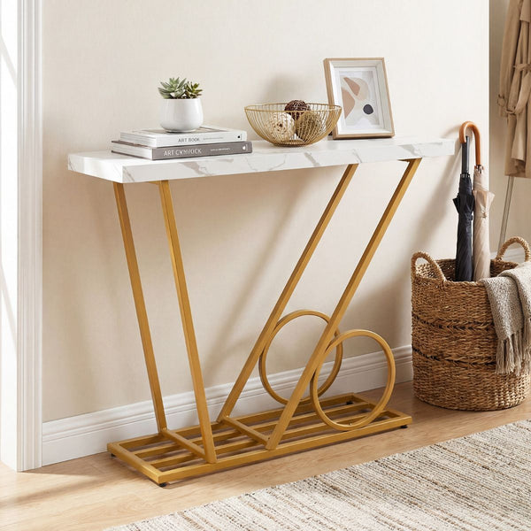 39.5" Modern Faux Marble Console Table with Cart-inspired Design