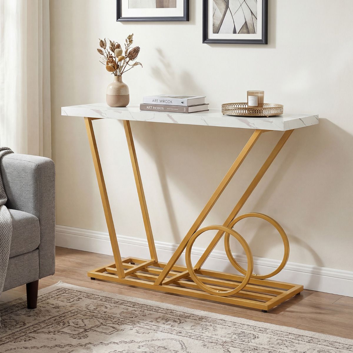 39.5" Modern Faux Marble Console Table with Cart-inspired Design