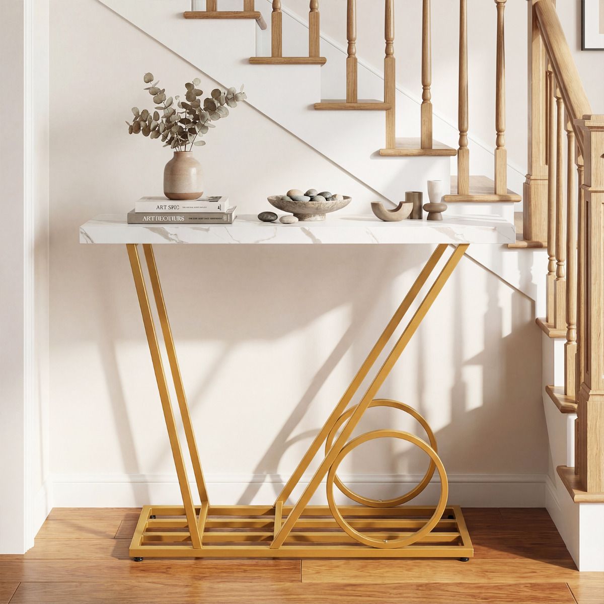 39.5" Modern Faux Marble Console Table with Cart-inspired Design