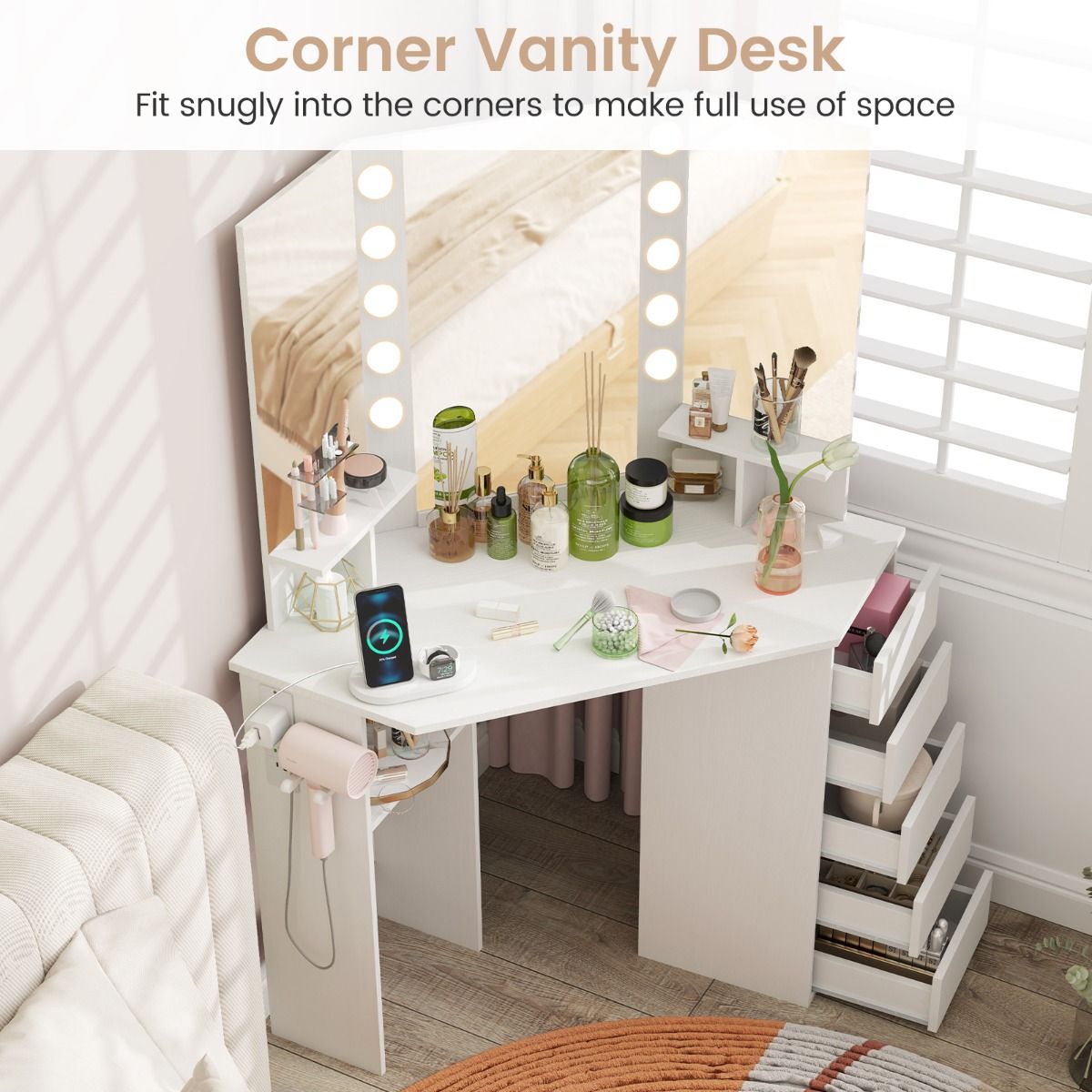 Corner Makeup Vanity Desk with Lighted Mirror and Power Outlets
