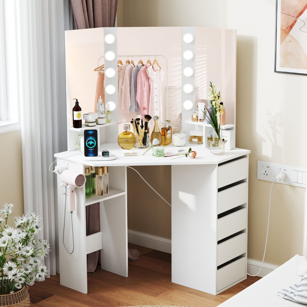 Corner Makeup Vanity Desk with Lighted Mirror and Power Outlets