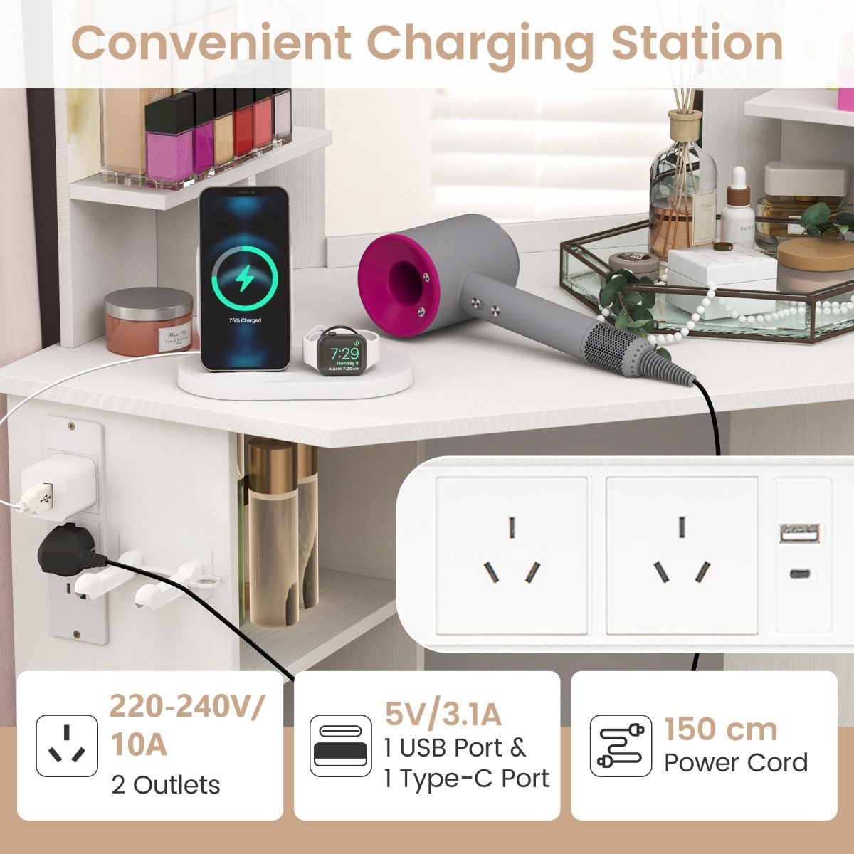 Corner Makeup Vanity Desk with Lighted Mirror and Power Outlets