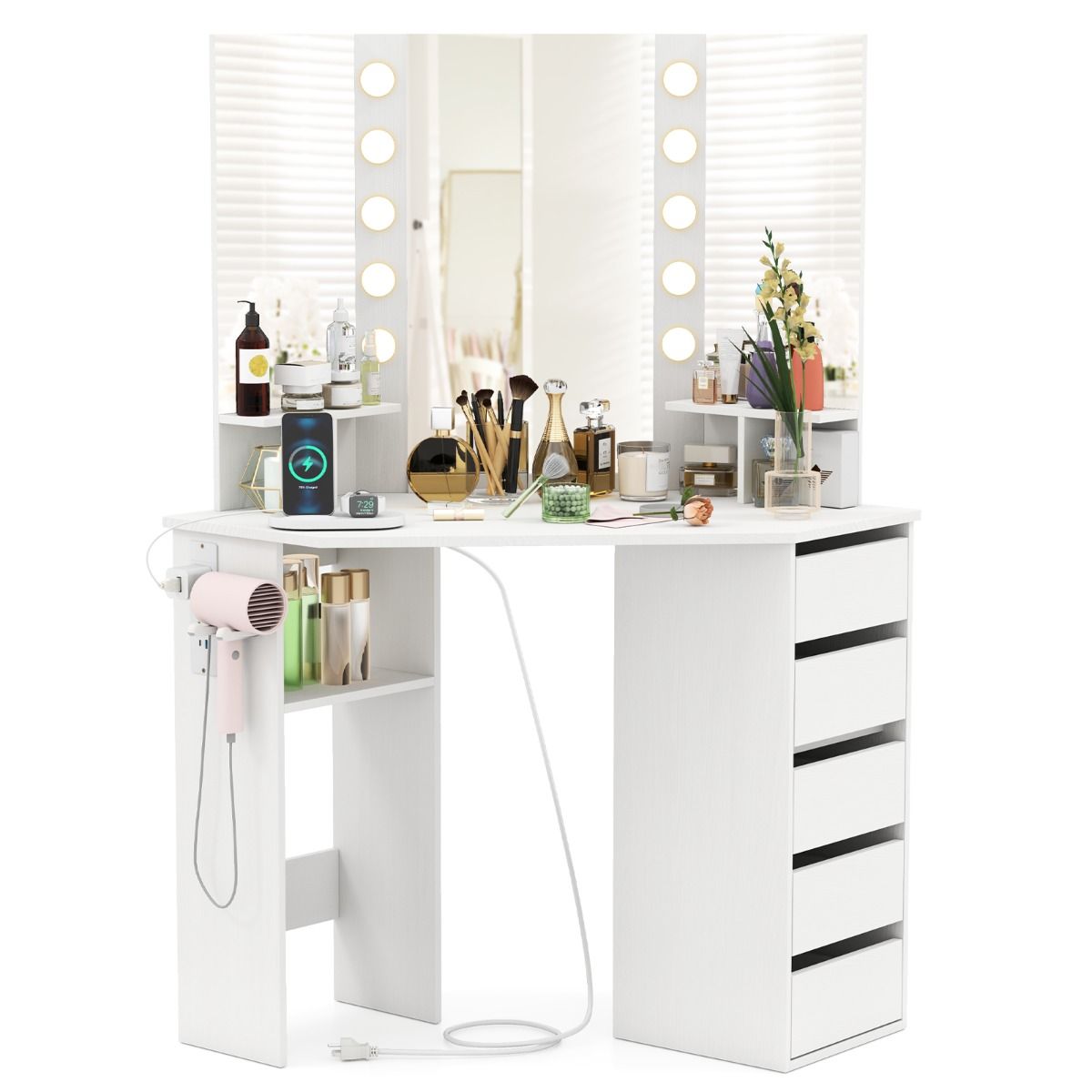 Corner Makeup Vanity Desk with Lighted Mirror and Power Outlets