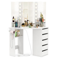 Corner Makeup Vanity Desk with Lighted Mirror and Power Outlets