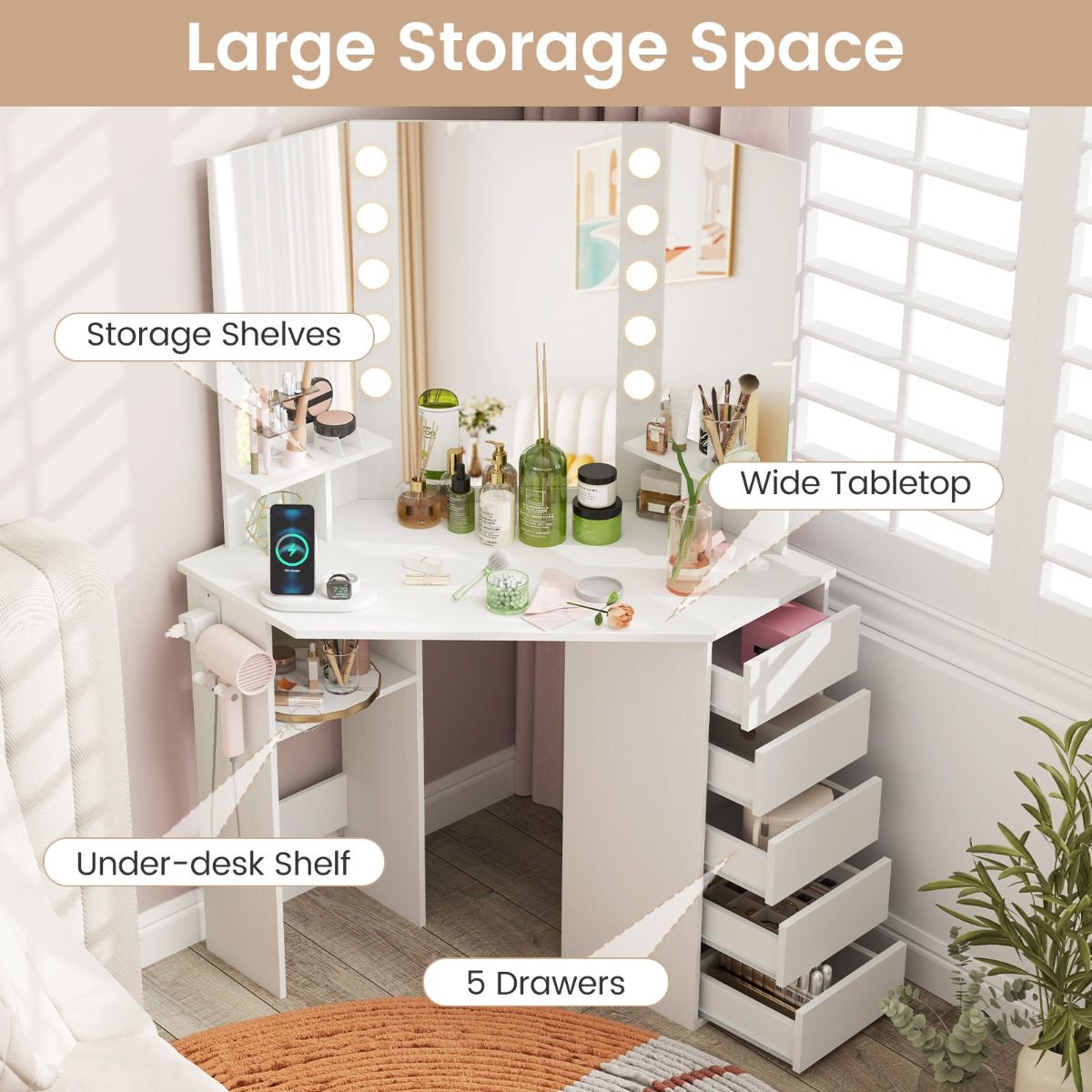 Corner Makeup Vanity Desk with Lighted Mirror and Power Outlets