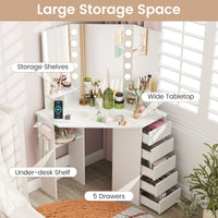 Corner Makeup Vanity Desk with Lighted Mirror and Power Outlets