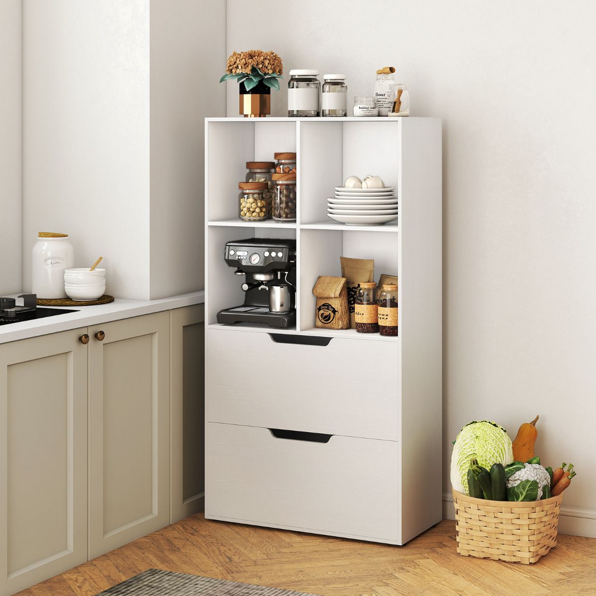 4-Cube Bookcase with 2 Drawers 130cm 5-Tier Tall Freestanding Bookshelf
