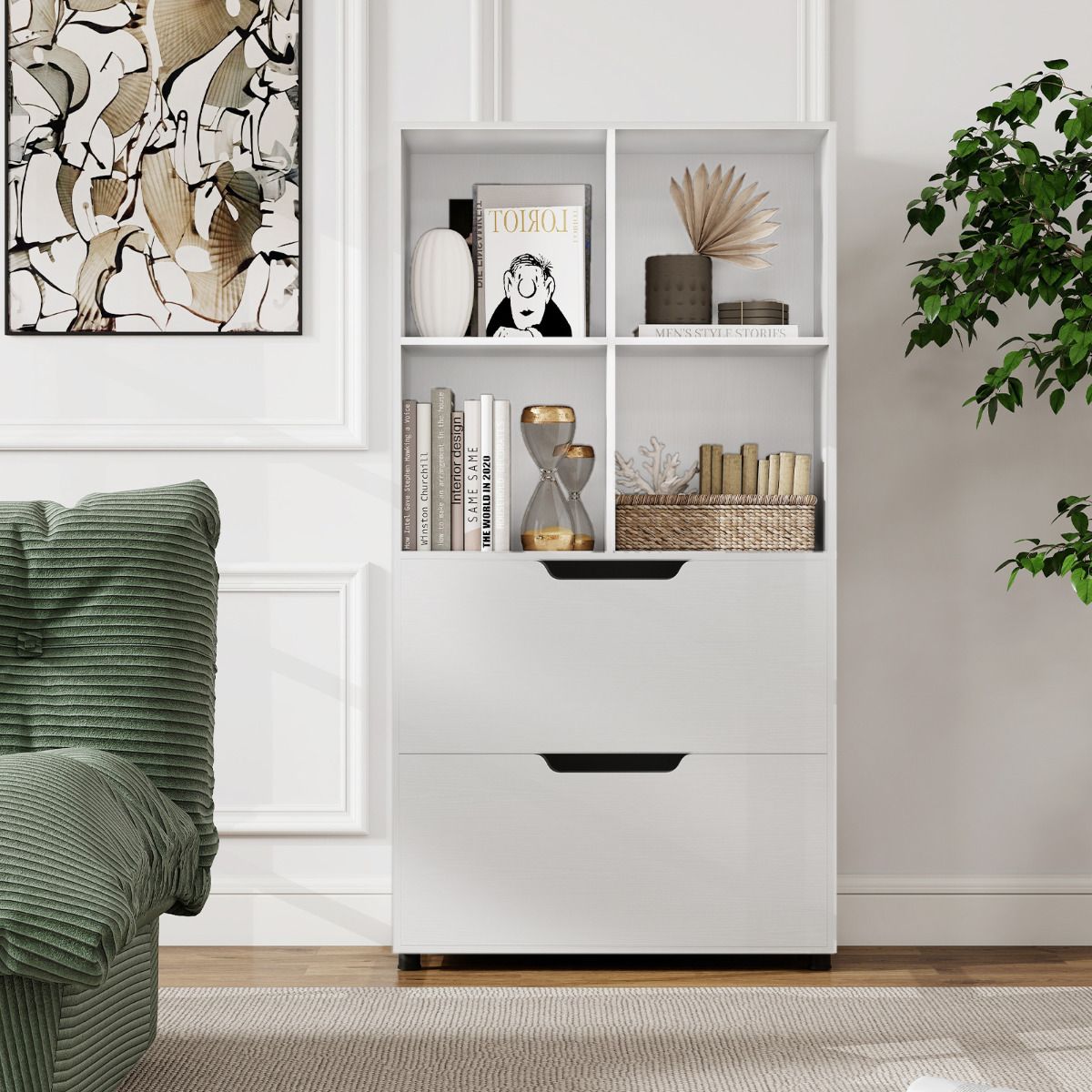 4-Cube Bookcase with 2 Drawers 130cm 5-Tier Tall Freestanding Bookshelf