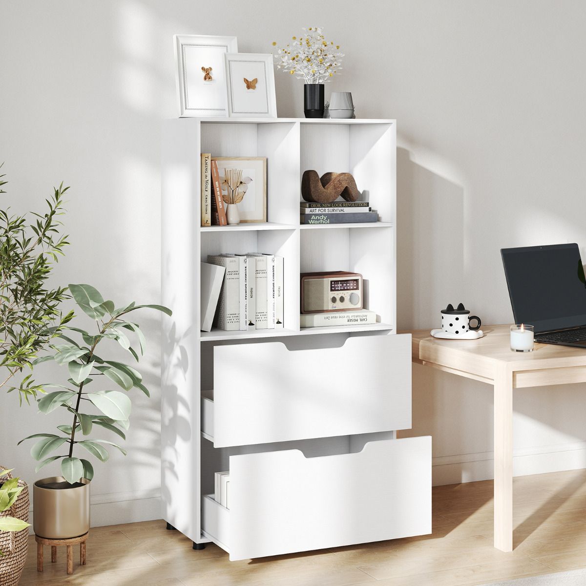 4-Cube Bookcase with 2 Drawers 130cm 5-Tier Tall Freestanding Bookshelf