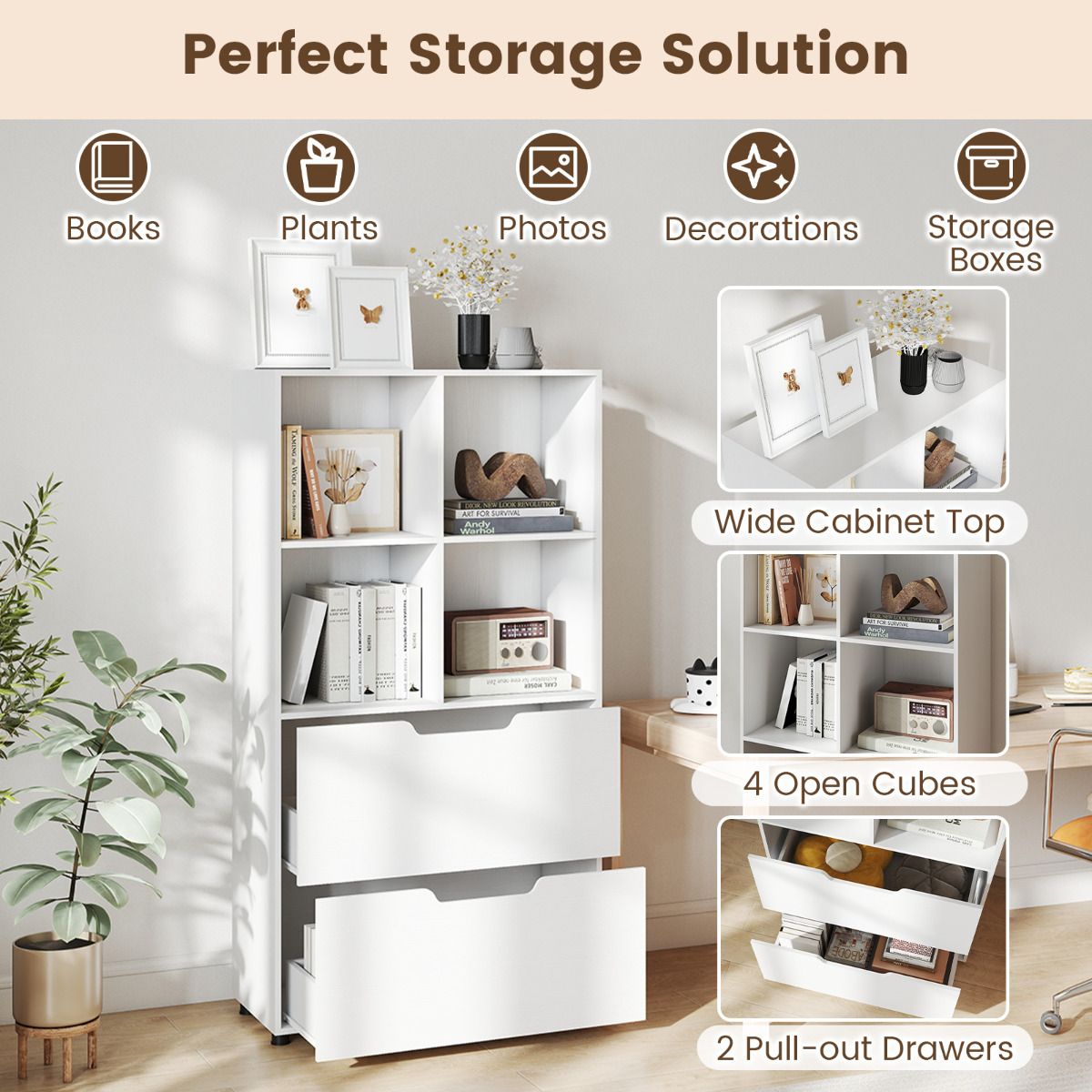 4-Cube Bookcase with 2 Drawers 130cm 5-Tier Tall Freestanding Bookshelf