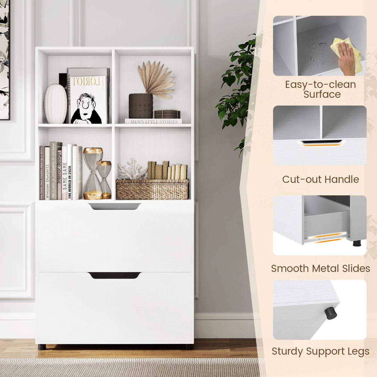 4-Cube Bookcase with 2 Drawers 130cm 5-Tier Tall Freestanding Bookshelf
