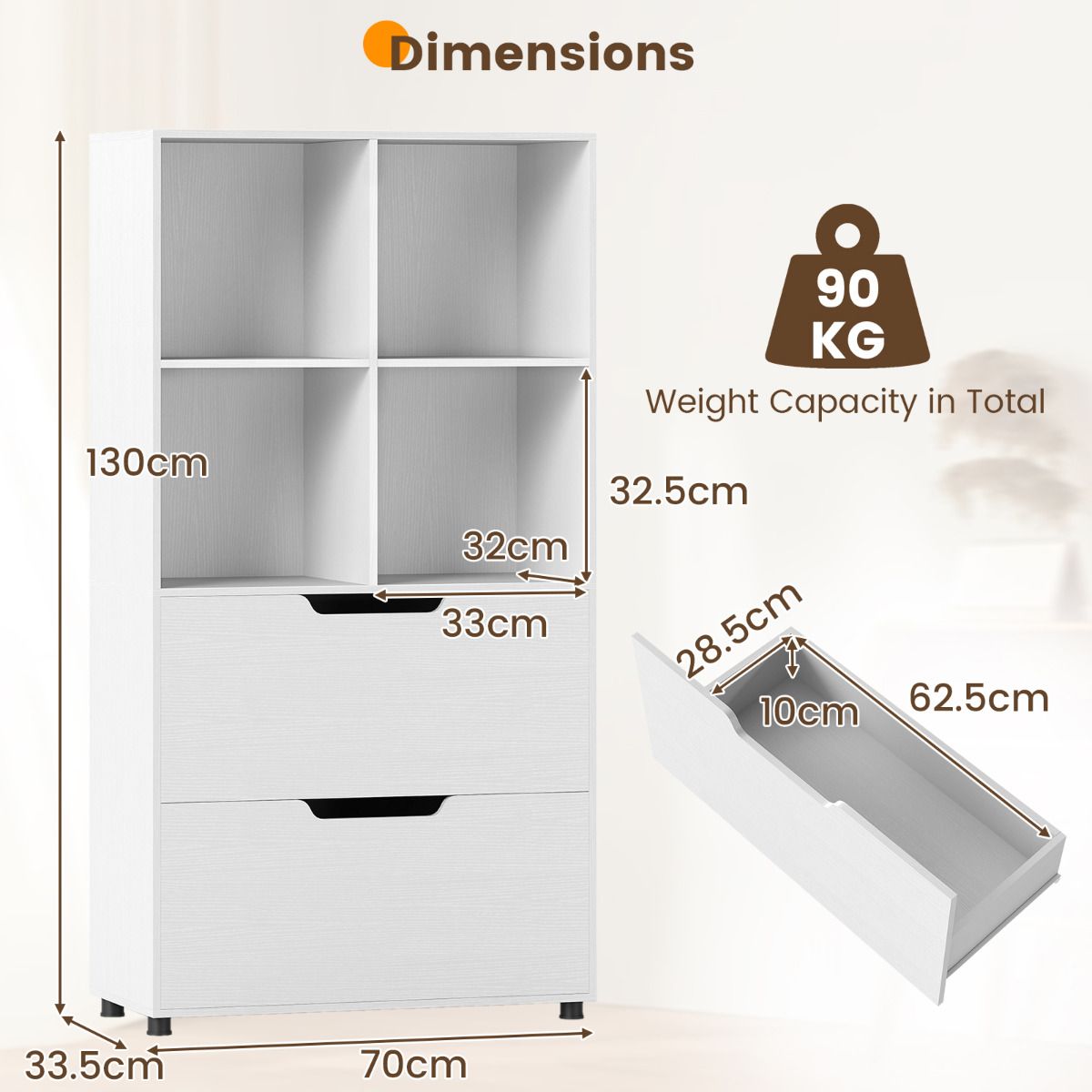 4-Cube Bookcase with 2 Drawers 130cm 5-Tier Tall Freestanding Bookshelf