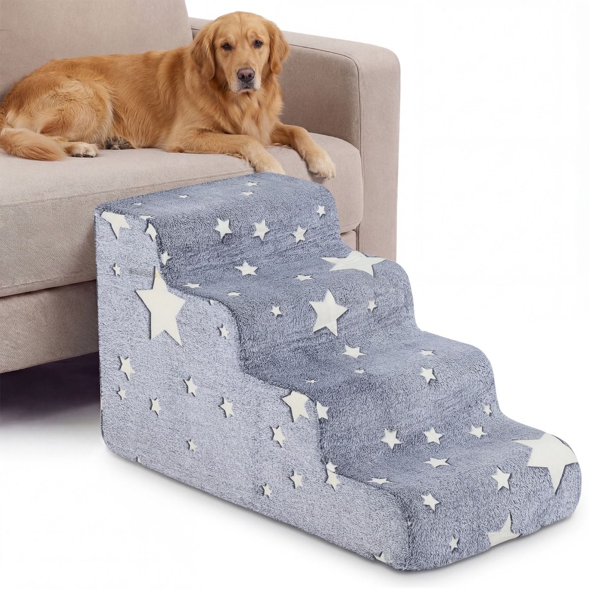 3/4-tier Foam Dog Stairs with Non-Slip Bottom and Washable Flannel Cover
