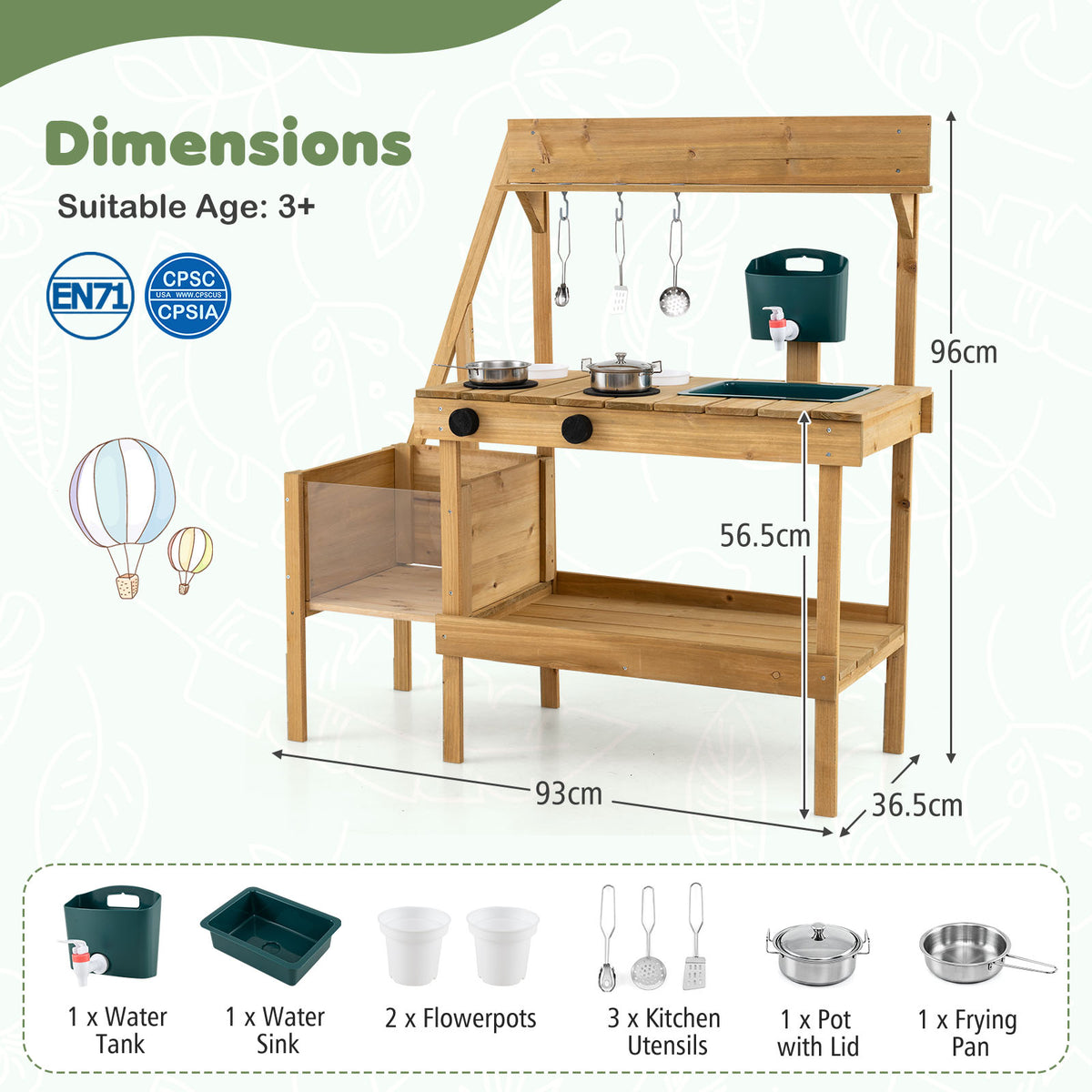 Kids Mud Kitchen, Wooden Play Kitchen with Planter Box, Stoves, Water Tank, Sink & 9 Accessories, Outdoor Pretend Kitchen Playset for Toddlers Aged 3+