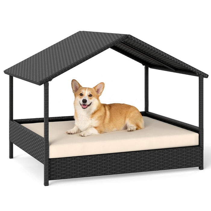 Elevated Rattan Wicker Dog House with Canopy and Removable Cushion