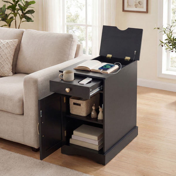 End Table Bedside Table with Charging Station and Drawer