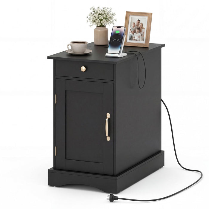 End Table Bedside Table with Charging Station and Drawer