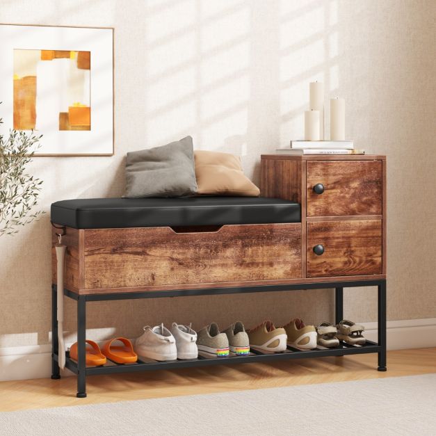 Entryway Bench with Flip Top Box and 2 Door Cabinets for Hallway Living Room