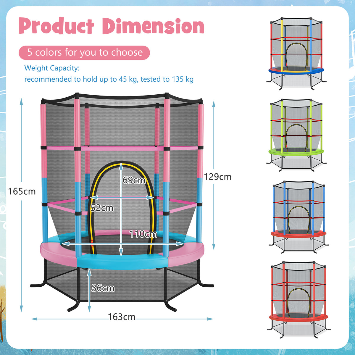 Kid Round Trampoline, 4.5ft Children Outdoor & Indoor Jumping Bed