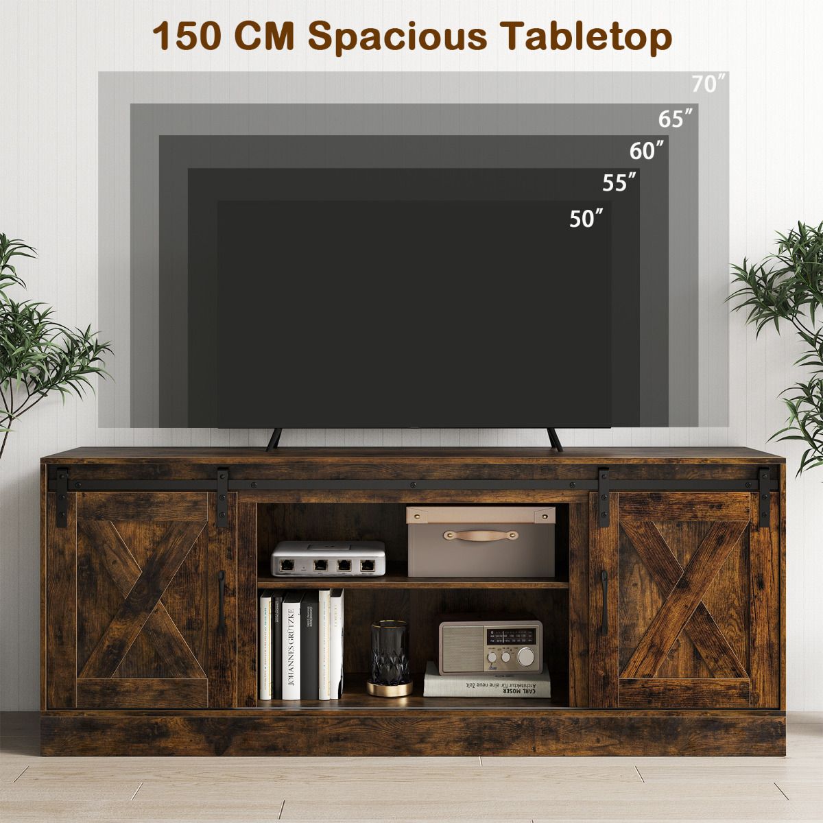Farmhouse TV Stand for 70" TVs Entertainment Center with Sliding Barn Doors