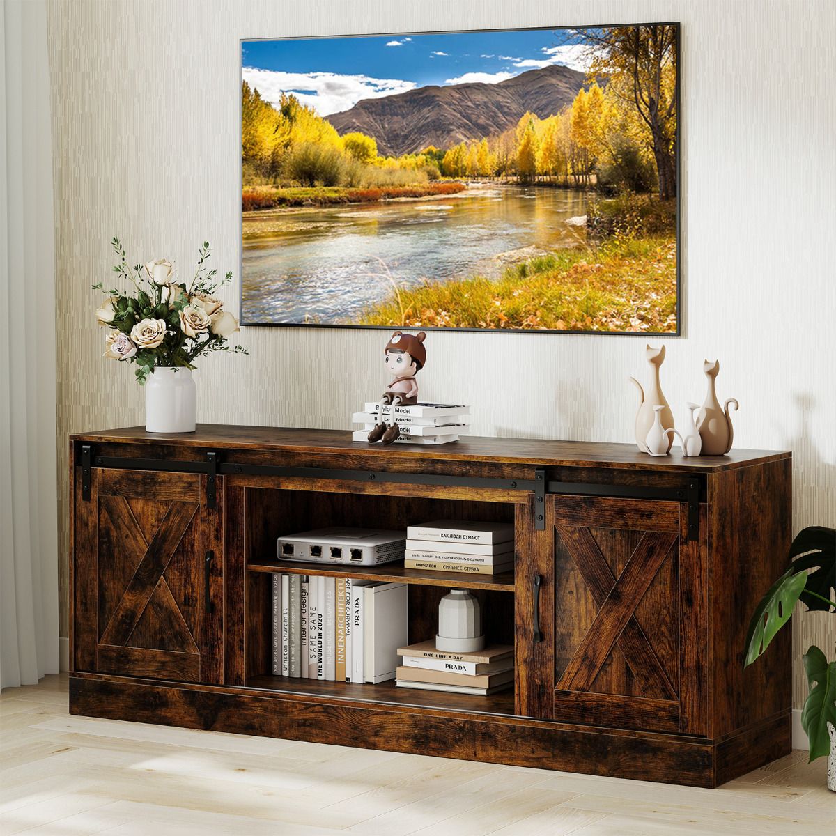 Farmhouse TV Stand for 70" TVs Entertainment Center with Sliding Barn Doors